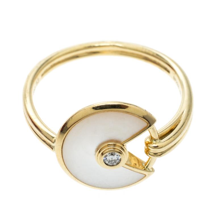 Pre Owned Cartier Amulette De Cartier Mother of Pearl Diamond 18k Yellow Gold Ring Size 53