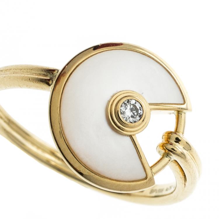 Pre Owned Cartier Amulette De Cartier Mother of Pearl Diamond 18k Yellow Gold Ring Size 53