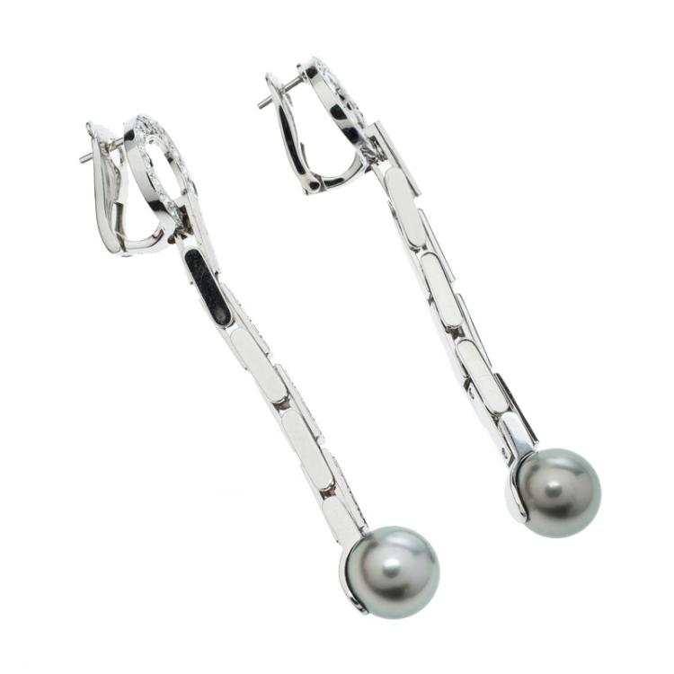 Pre Owned Cartier Agrafe Diamond Grey Pearl 18k White Gold Long Drop Earrings 