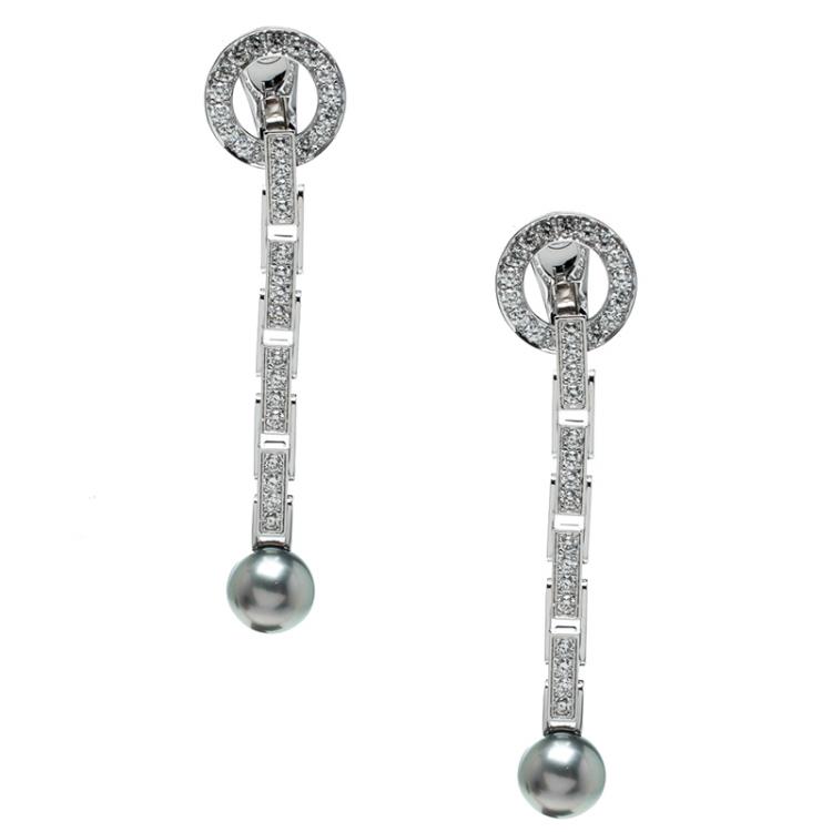 Pre Owned Cartier Agrafe Diamond Grey Pearl 18k White Gold Long Drop Earrings 