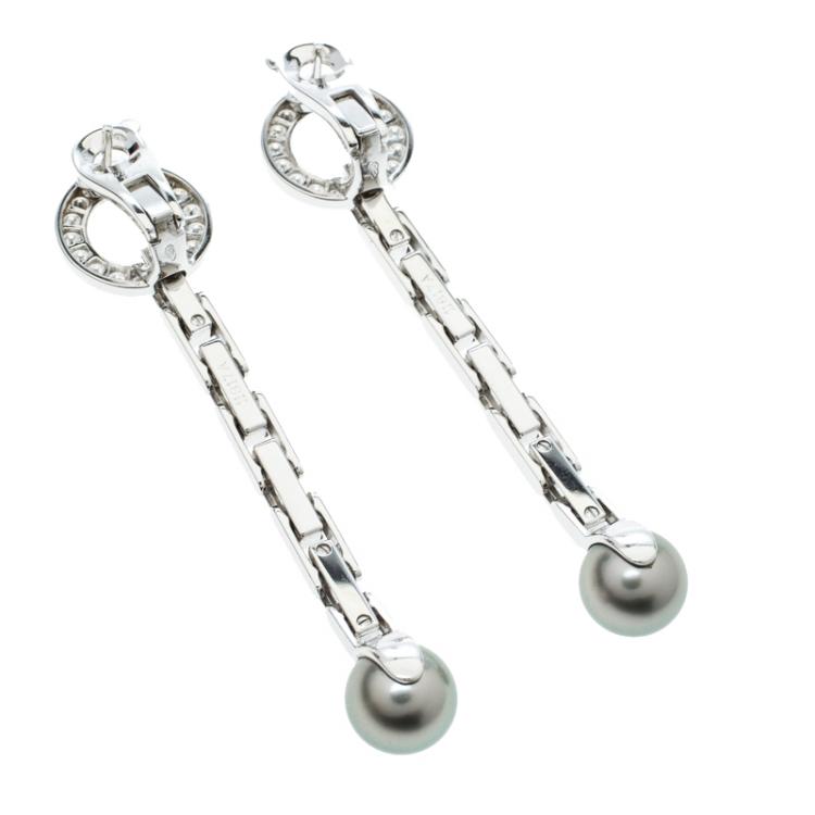 Pre Owned Cartier Agrafe Diamond Grey Pearl 18k White Gold Long Drop Earrings 