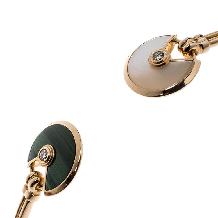 Pre Owned Cartier Amulette De Cartier Malachite White Mother Of Pearl & Diamond 18k Rose Gold Open Bracelet 16cm