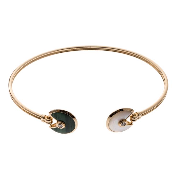 Pre Owned Cartier Amulette De Cartier Malachite White Mother Of Pearl & Diamond 18k Rose Gold Open Bracelet 16cm