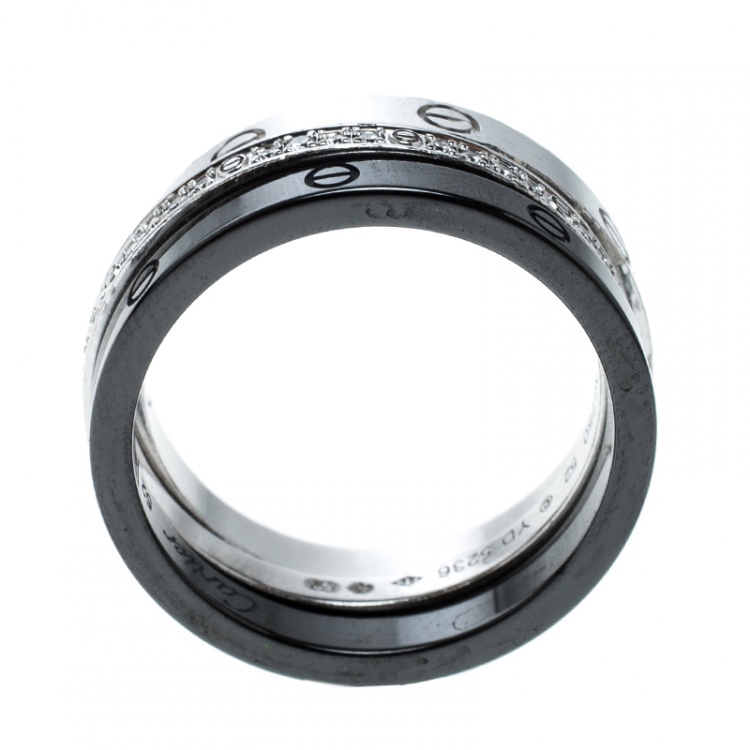 Pre Owned Cartier Love Diamond Ceramic 18k White Gold 3 Band Ring Set Size 52