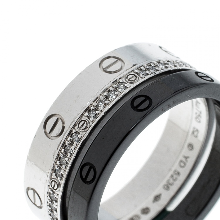 Pre Owned Cartier Love Diamond Ceramic 18k White Gold 3 Band Ring Set Size 52