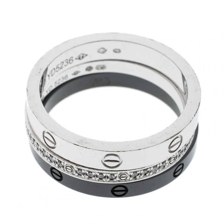 Pre Owned Cartier Love Diamond Ceramic 18k White Gold 3 Band Ring Set Size 52