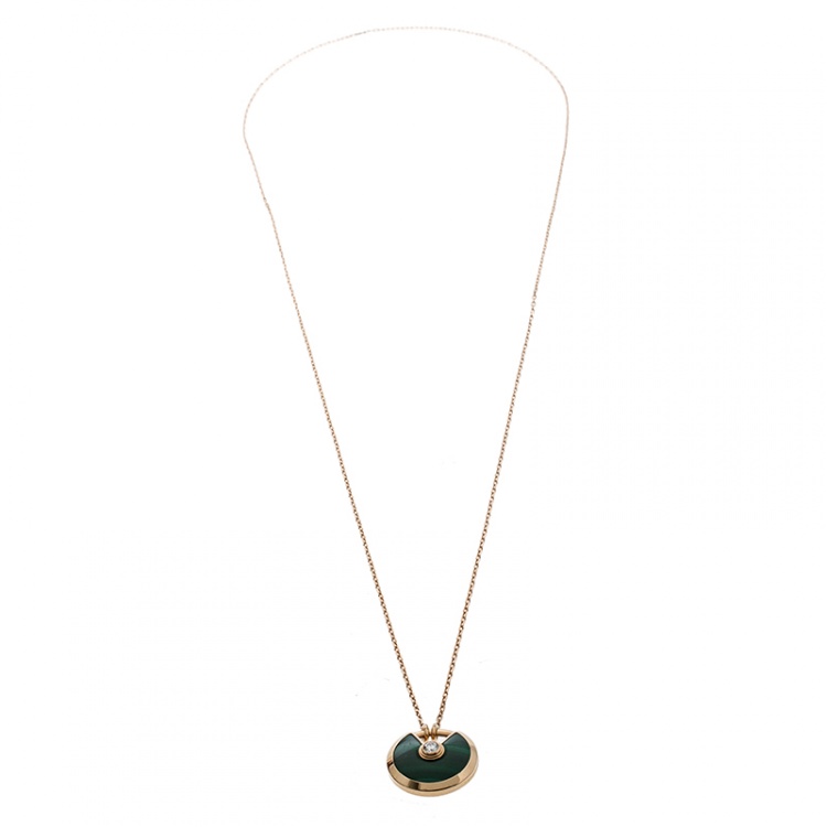 Pre Owned Cartier Amulette de Cartier Malachite & Diamond 18k Rose Gold Pendant Necklace SM