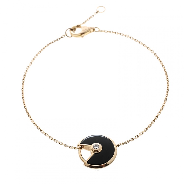 Pre Owned Cartier Amulette De Cartier Diamond Onyx 18k Rose Gold Bracelet XS