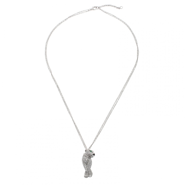 Pre Owned Cartier Panthere De Cartier Diamond Emerald & Onyx 18k White Gold Pendant Necklace 