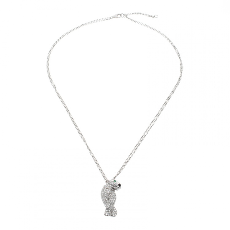 Pre Owned Cartier Panthere De Cartier Diamond Emerald & Onyx 18k White Gold Pendant Necklace 