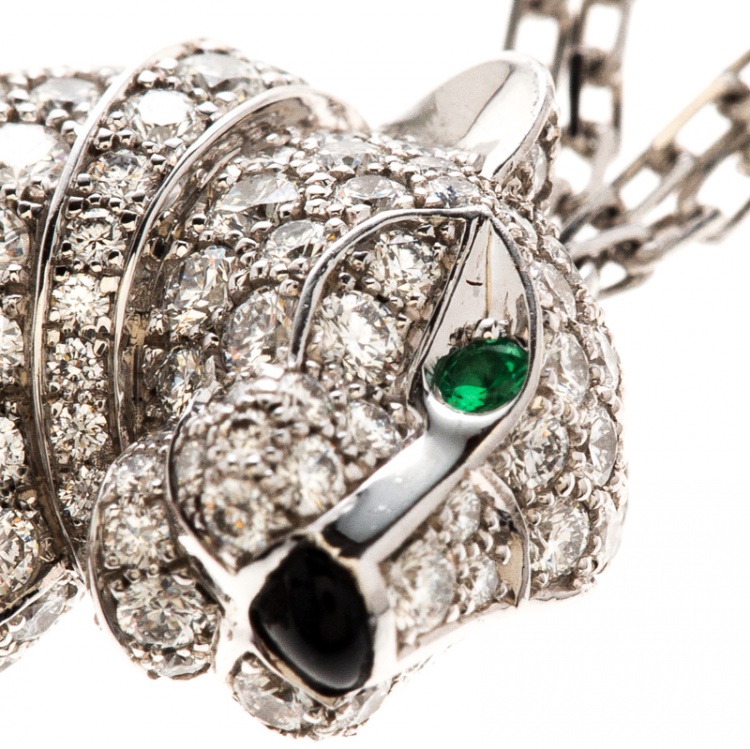 Pre Owned Cartier Panthere De Cartier Diamond Emerald & Onyx 18k White Gold Pendant Necklace 