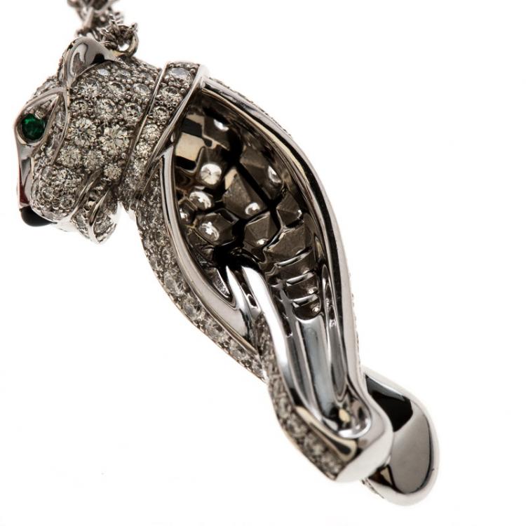 Pre Owned Cartier Panthere De Cartier Diamond Emerald & Onyx 18k White Gold Pendant Necklace 