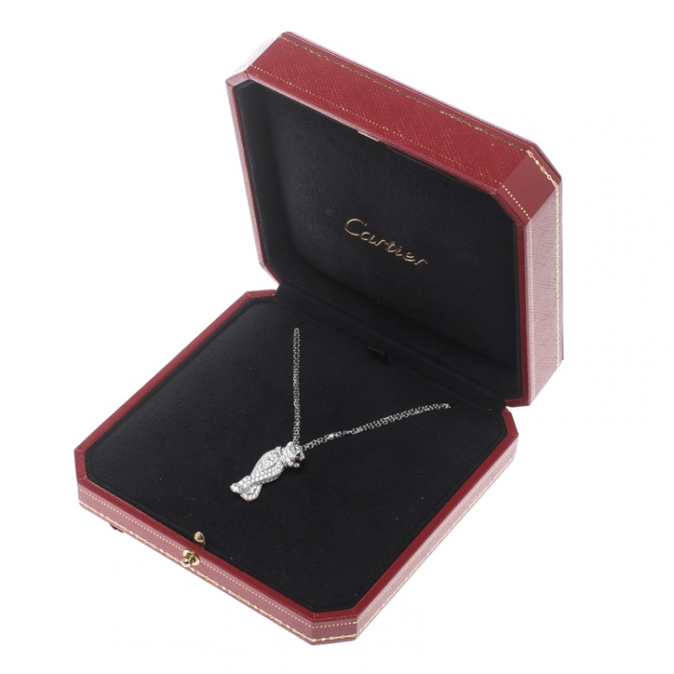 Pre Owned Cartier Panthere De Cartier Diamond Emerald & Onyx 18k White Gold Pendant Necklace 