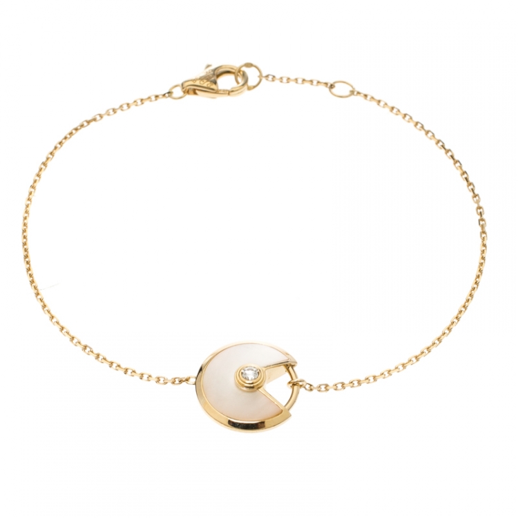 Pre Owned Cartier Amulette De Cartier White Mother of Pearl & Diamond 18k Yellow Gold Bracelet