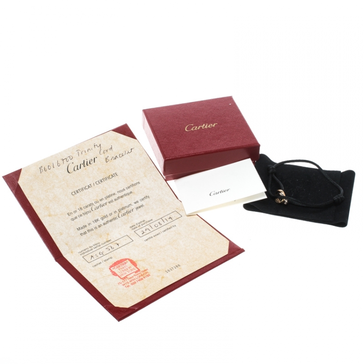 Pre Owned Cartier Trinity De Cartier Three Tone 18k Gold Black Adjustable Cord Bracelet