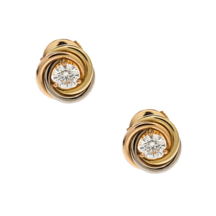 Pre Owned Cartier Trinity De Cartier Diamond 18k Three Tone Gold Stud Earrings 