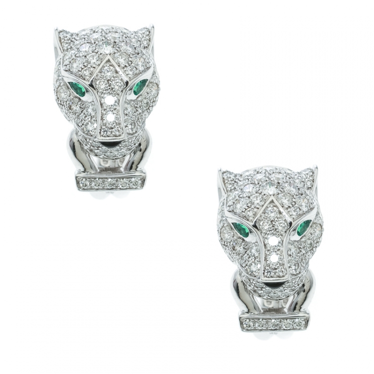 Pre Owned Cartier Panthere De Cartier Diamond Emerald & Onyx 18k White Gold Earrings 