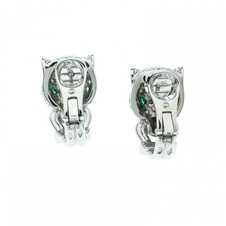 Pre Owned Cartier Panthere De Cartier Diamond Emerald & Onyx 18k White Gold Earrings 