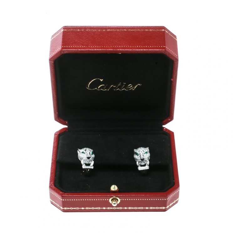 Pre Owned Cartier Panthere De Cartier Diamond Emerald & Onyx 18k White Gold Earrings 