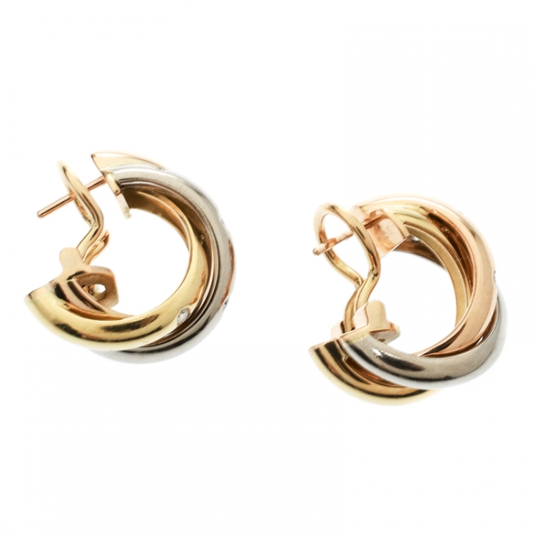 Pre Owned Cartier Trinity De Cartier Diamond 18k Three Tone Gold Hoop Earrings 