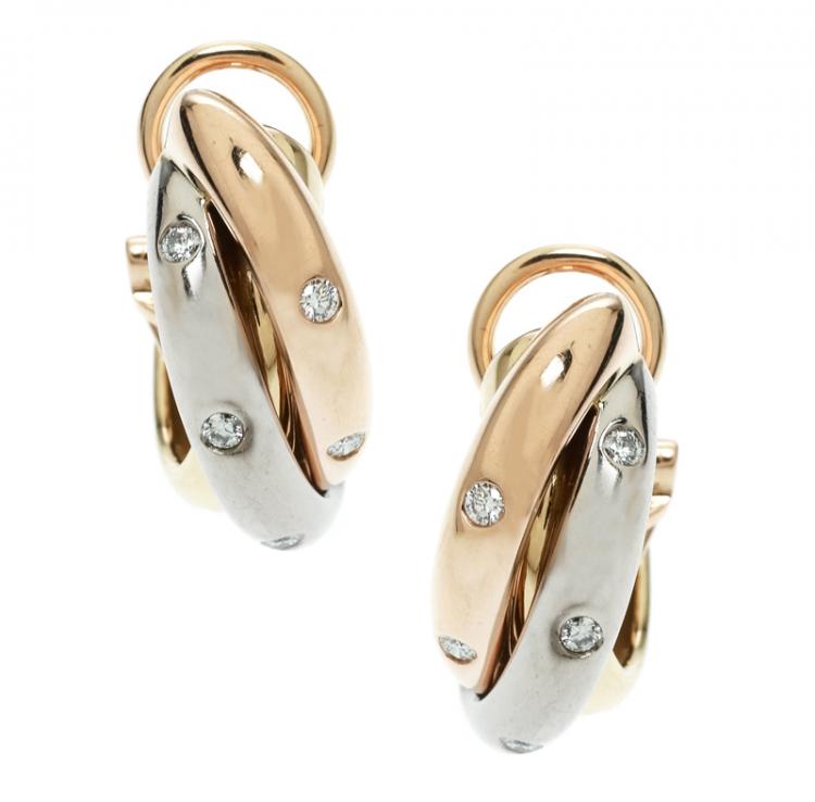 Pre Owned Cartier Trinity De Cartier Diamond 18k Three Tone Gold Hoop Earrings 
