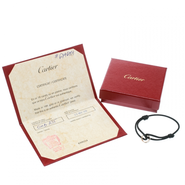 Pre Owned Cartier Trinity De Cartier Three Tone 18k Gold Black Adjustable Cord Bracelet