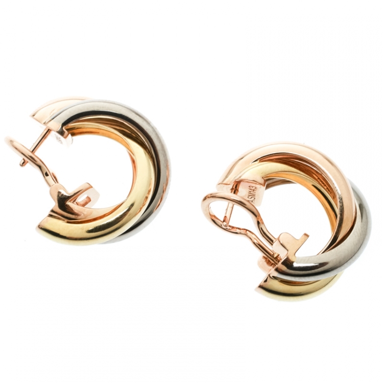 Pre Owned Cartier Trinity De Cartier Three Tone 18k Gold Hoop Earrings