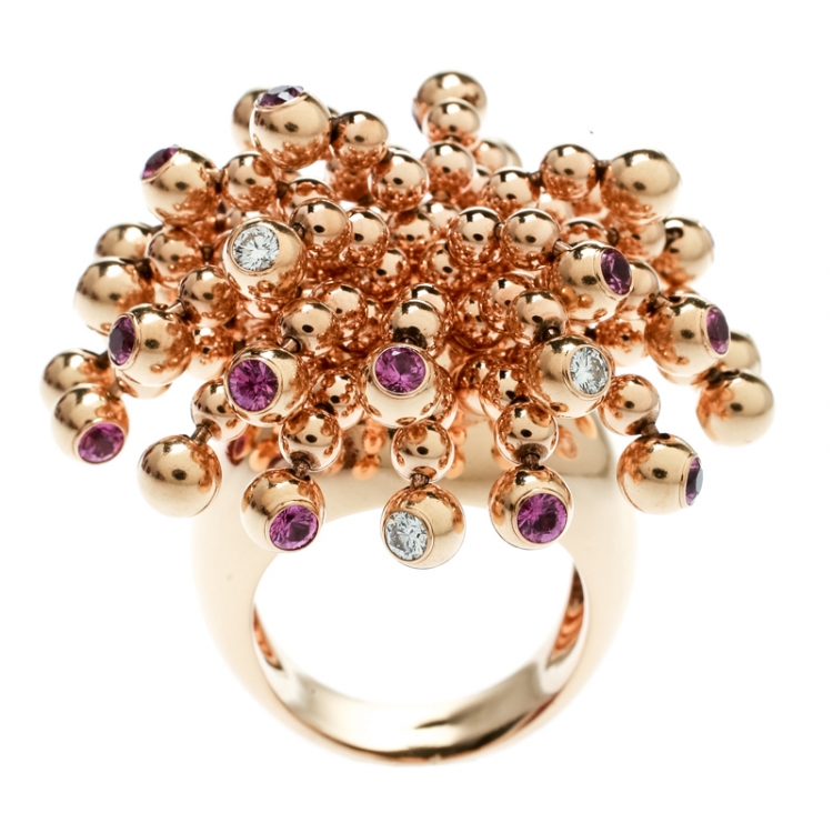 Pre Owned Cartier Paris Nouvelle Vague Diamond & Pink Sapphire 18k Rose Gold Cocktail Ring Size 52
