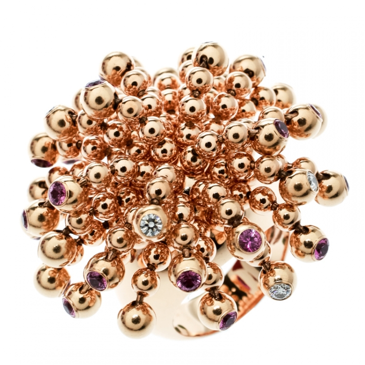 Pre Owned Cartier Paris Nouvelle Vague Diamond & Pink Sapphire 18k Rose Gold Cocktail Ring Size 52