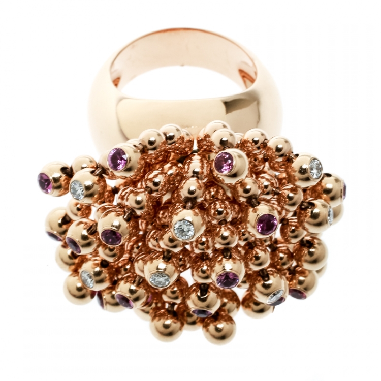 Pre Owned Cartier Paris Nouvelle Vague Diamond & Pink Sapphire 18k Rose Gold Cocktail Ring Size 52