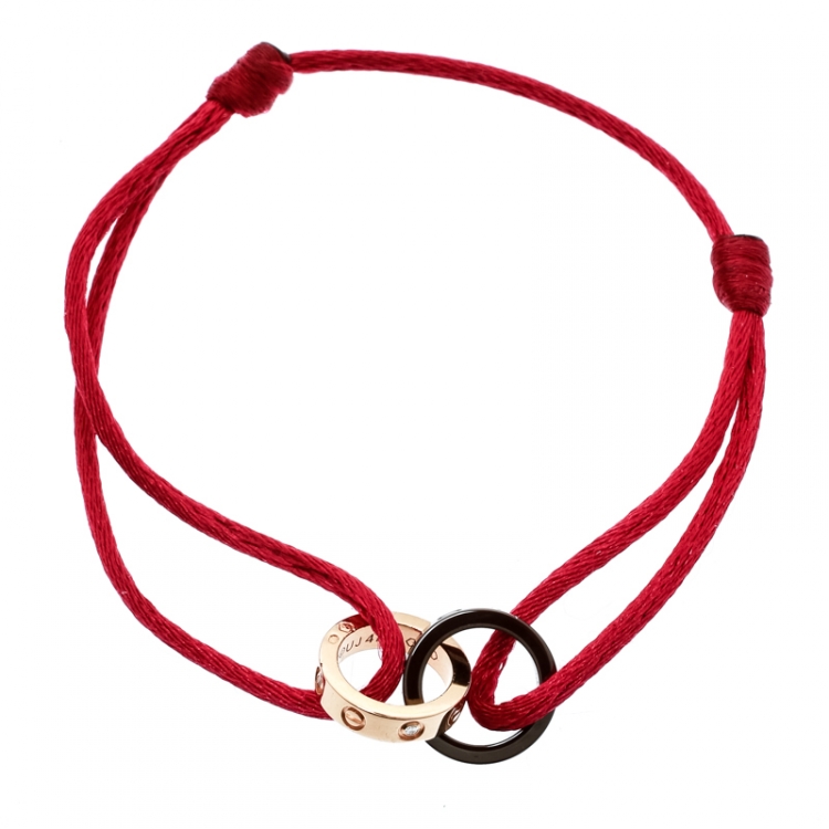 Pre Owned Cartier Love Ceramic Diamond 18k Rose Gold Pink Cord Adjustable Bracelet