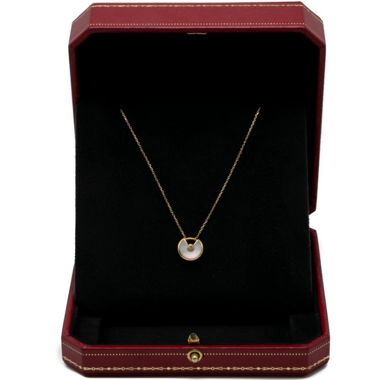 Pre Owned Cartier White Mop Amulette De Cartier Yellow Gold Diamond Necklace