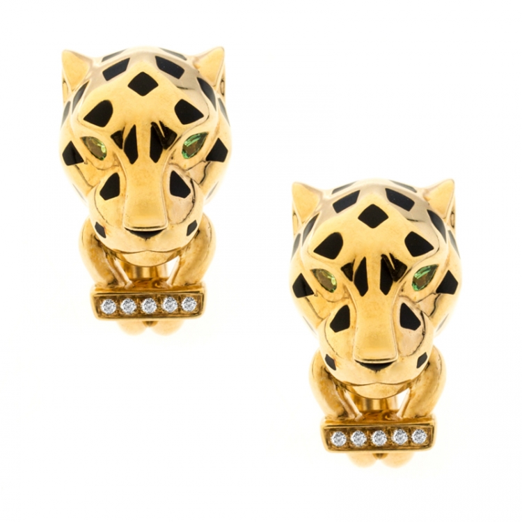 Pre Owned Cartier Panthere de Cartier Diamond Tsavorite Garnet 18k Yellow Gold Earrings