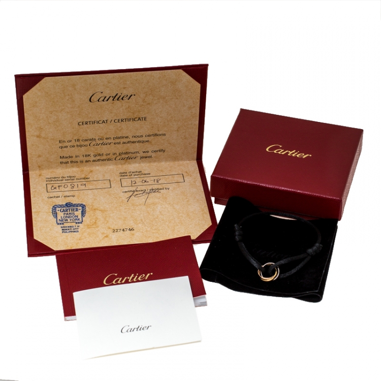 Pre Owned Cartier Trinity De Cartier Three Tone 18k Gold Black Adjustable Cord Bracelet