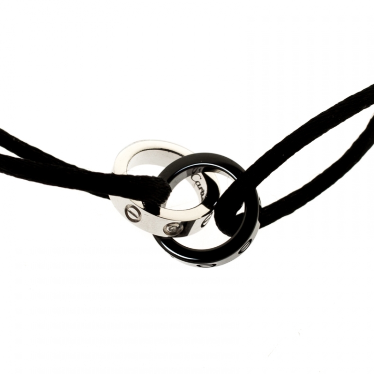 Pre Owned Cartier Love Ceramic Diamond 18k White Gold Black Cord Adjustable Bracelet