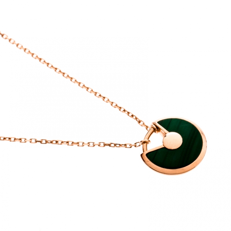 Pre Owned Cartier Amulette De Cartier Malachite Diamond 18k Rose Gold Pendant Necklace