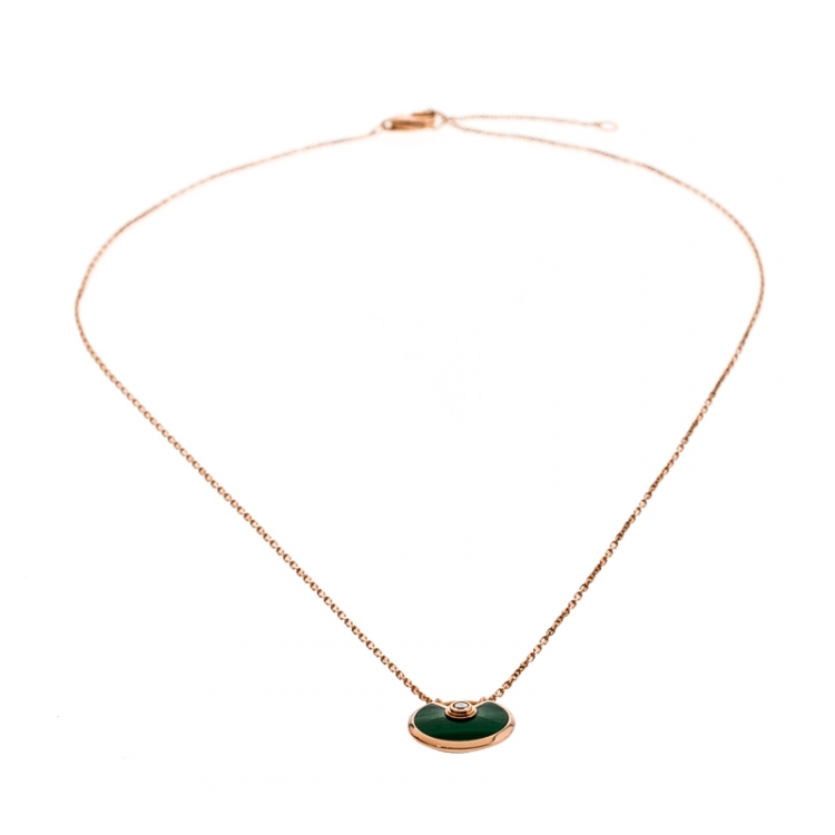 Pre Owned Cartier Amulette De Cartier Malachite Diamond 18k Rose Gold Pendant Necklace