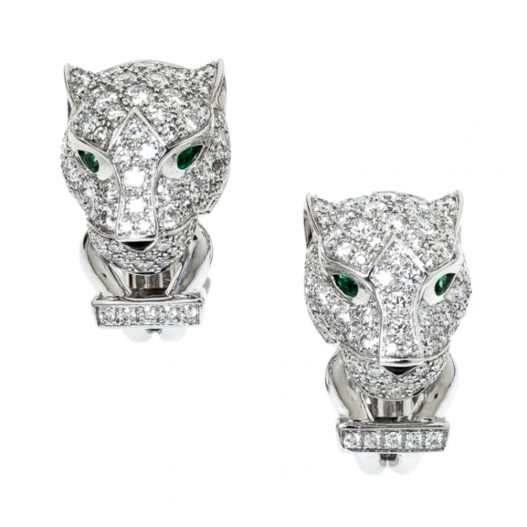 Pre Owned Cartier Panthere De Cartier Diamond Emerald & Onyx 18k White Gold Earrings 