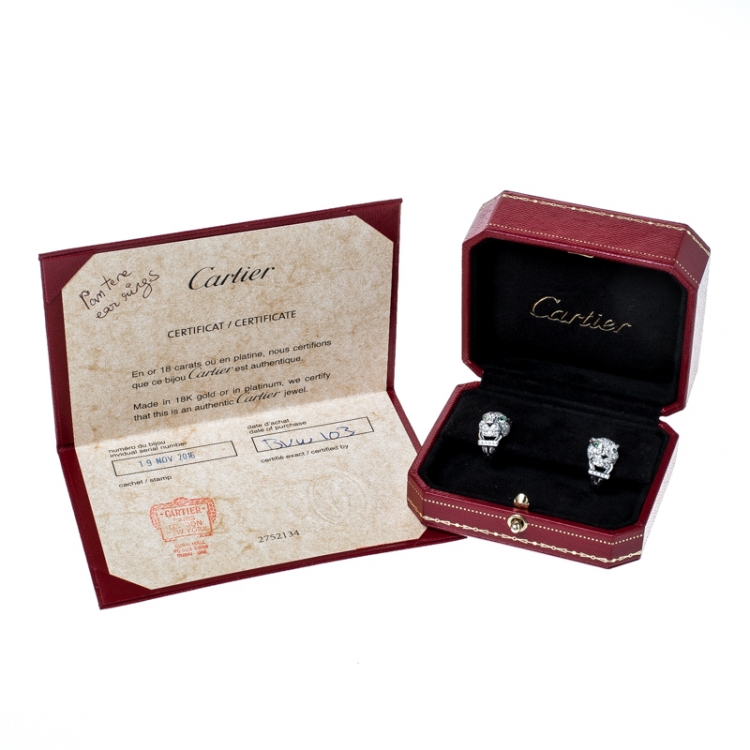 Pre Owned Cartier Panthere De Cartier Diamond Emerald & Onyx 18k White Gold Earrings 