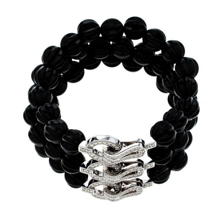 Pre Owned Cartier Agrafe Carved Onyx Beads Diamond 18k White Gold 3 Row Bracelet