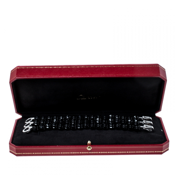 Pre Owned Cartier Agrafe Carved Onyx Beads Diamond 18k White Gold 3 Row Bracelet