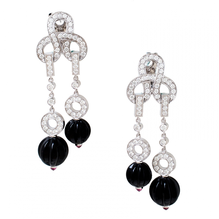Pre Owned Cartier Agrafe Diamond Onyx 18k White Gold Long Earrings