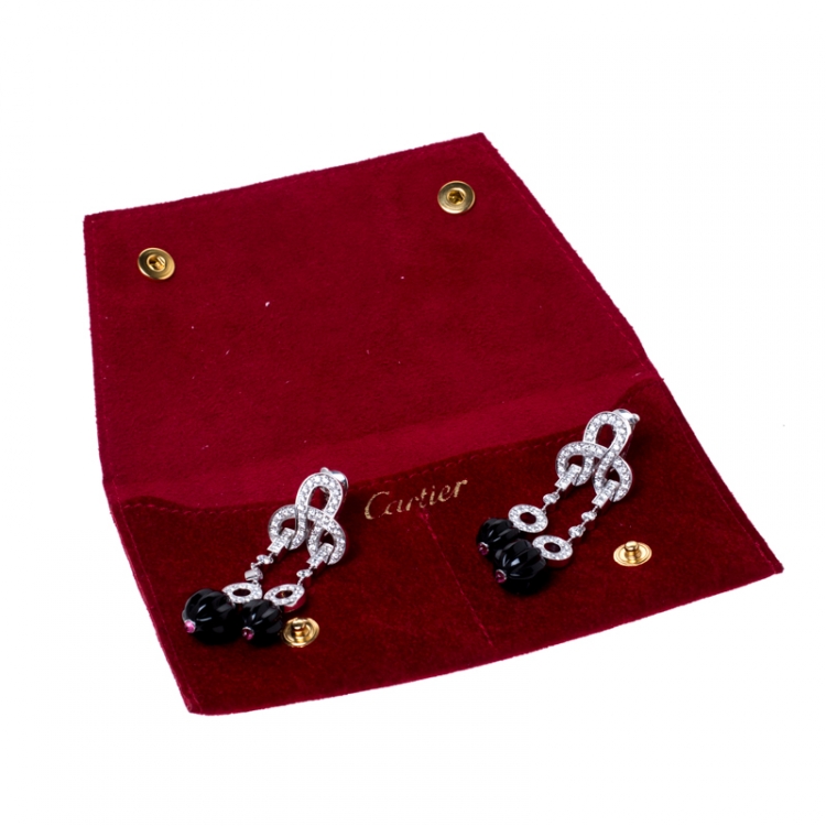 Pre Owned Cartier Agrafe Diamond Onyx 18k White Gold Long Earrings
