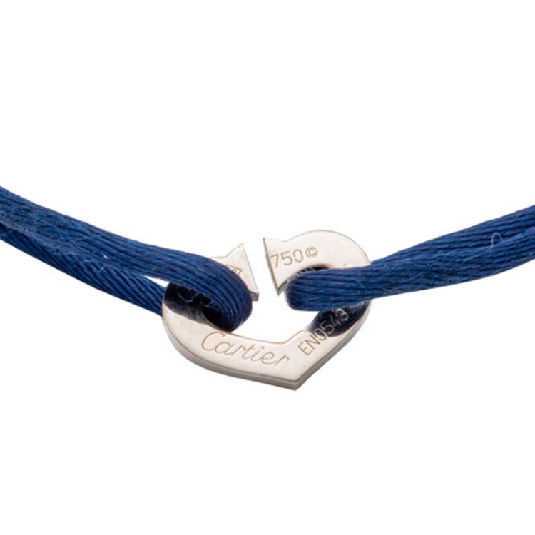 Pre Owned Cartier White Gold C De Cartier Heart On Adjustable Blue Cord