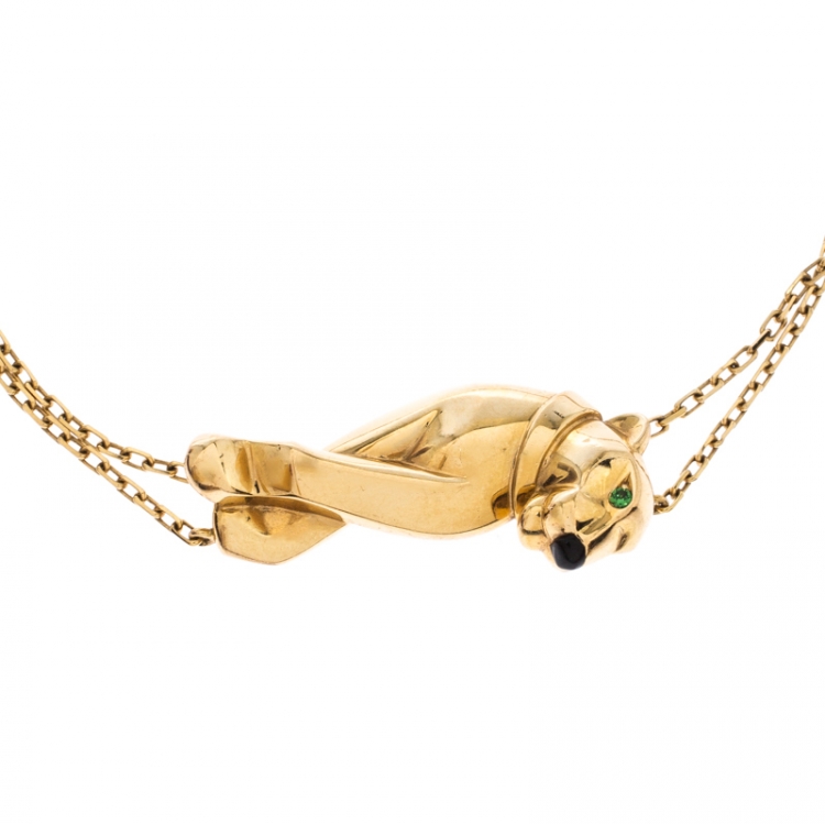 Pre Owned Cartier Panthere de Cartier Tsavorite Garnet Lacquer 18k Yellow Gold Double Chain Bracelet