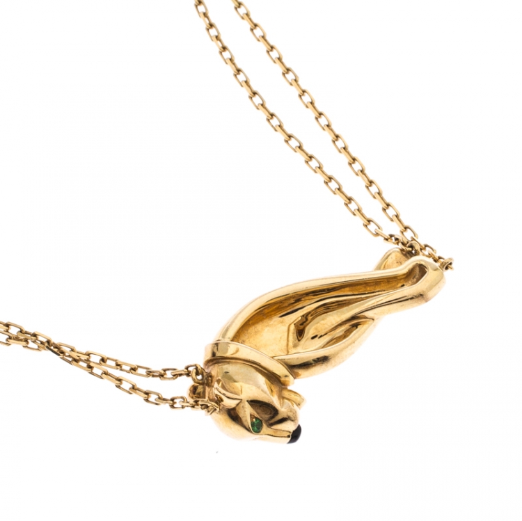 Pre Owned Cartier Panthere de Cartier Tsavorite Garnet Lacquer 18k Yellow Gold Double Chain Bracelet