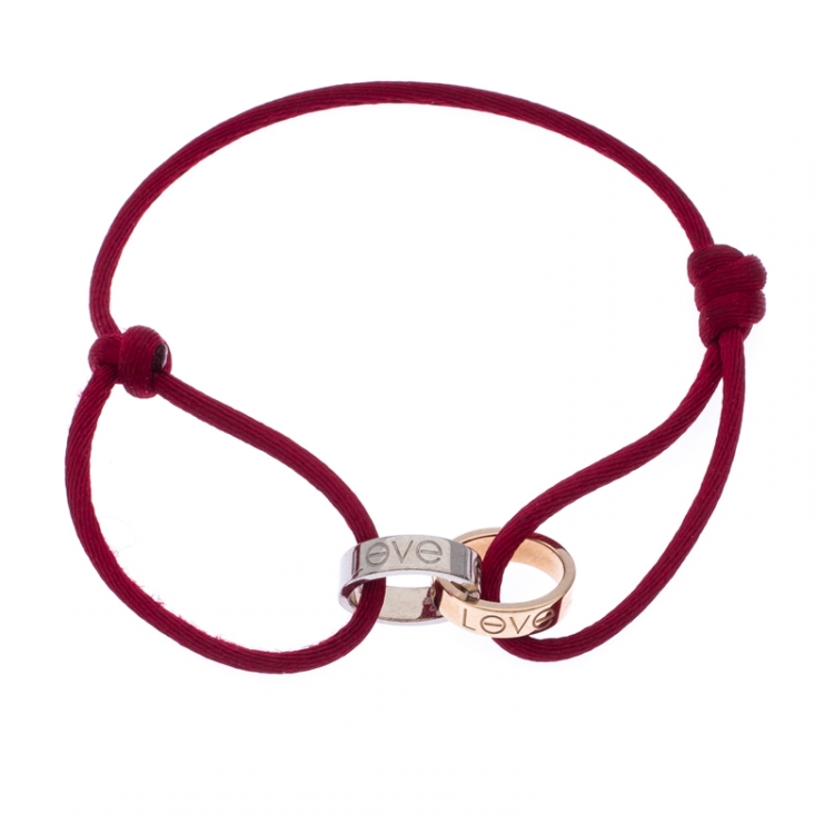 Pre Owned Cartier Love Charity Two Tone 18K Gold Red Cord Adjustable Bracelet 