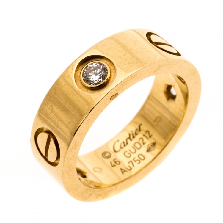 Pre Owned Cartier Love 3 Diamond 18K Yellow Gold Band Ring Size 46