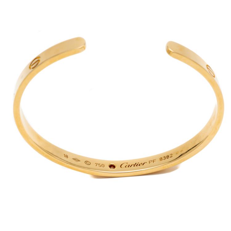 Pre Owned Cartier Love Yellow Gold 1 Diamond Open Cuff Bracelet Size 18