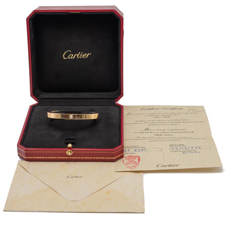Pre Owned Cartier Love Yellow Gold 1 Diamond Open Cuff Bracelet Size 18